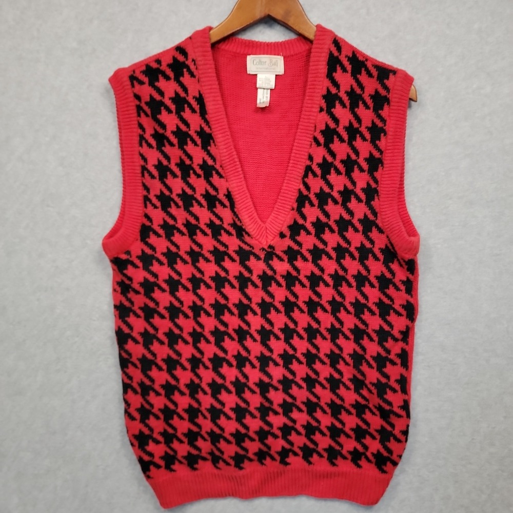 Vintage 80s Sweater Vest Red Black Houndstooth Deep V-neck Sz Large Cotton Blend